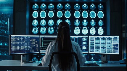 Wall Mural - Professional woman doctor in futuristic lab, examining human body scans from behind