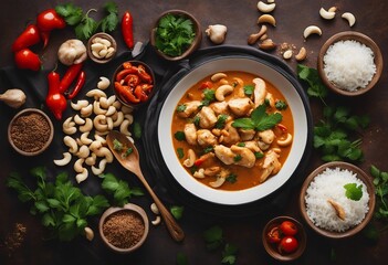 chicken and cashew red curry with rice and herbs thai inspired dish overhead view