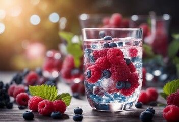 Wall Mural - Sparkling water with raspberries and blueberries