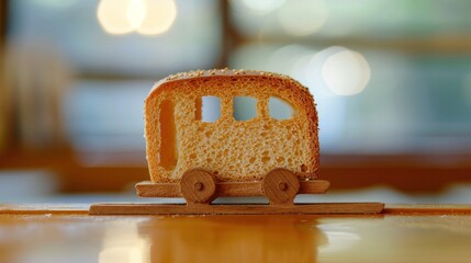 Poster - A small bread shaped like a train on top of wooden table, AI