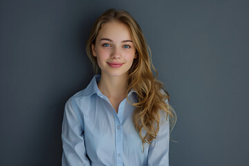 Wall Mural - elegant young woman with blue shirt and a smiling face posing with tights