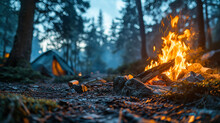 A Beautiful Campfire In The Forest During The Day. A High Fire Burns In A Campsite By The River In Beautiful Nature.
