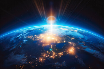 Wall Mural - planet earth from space with lights visible. vision of sunrise over the earth visible from space. ci