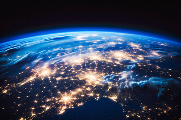 Wall Mural - planet earth from space with lights visible. vision of sunrise over the earth visible from space. ci