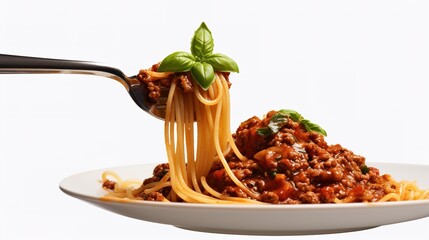 Wall Mural - Spaghetti with sauce bolognese hanging on a fork isolated on transparent or white background