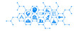 University industry collaboration vector illustration. Blue concept with icons related to partnership / cooperation between academia & business company for research project / program / internship