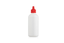 White Plastic Bottle With A Red Cap On A White Background. 
Container For Medicine.