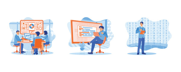  APP devs concept. They work in modern offices.  Developing mobile applications with binaries and data. set flat vector illustration.