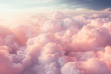 Canvas Print - huge structural peach fuzz colored fluffy towering cumulus clouds from an airplane window