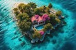 panoramic landscape with green tropical island with pink flowers, small pink house with pool, in blue ocean water, top view