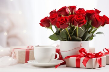 Wall Mural - Valentines Day gifts. red ribbon, vibrant red roses in a coffee cup on light background