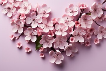 Wall Mural - A delicate heart arrangement of pale pink cherry blossoms laid out on a soft pink background, creating a gentle and harmonious floral composition perfect for spring themes.