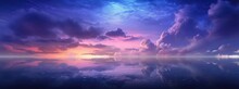 Dramatic Sky Background With Dark Rainy Clouds At Sunset. Purple Fluffy Clouds Over Lake Water With Reflections. Fantasy Panoramic Landscape Background 