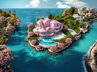 Poster - A picturesque scene of a vibrant pink house standing alone on a small island in the middle of the vast, blue ocean. The house is surrounded by lush greenery and crystal-clear waters