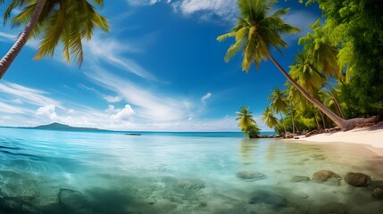 Wall Mural - Beach with palm trees and crystal clear water. Idyllic tropical island in summer.
