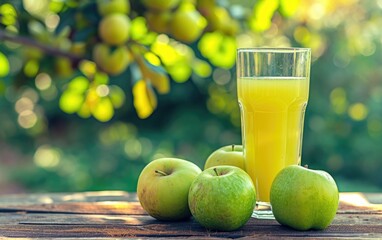 Green apples and a glass of juice on a wooden table against the background of a garden