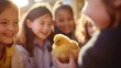 A group of school children eagerly listen to a farmers explanation of how to properly gather eggs from the chicken coop, as they eagerly await their turn to hold a fluffy yellow chick.