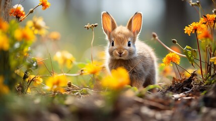 Wall Mural - Cute bunny holding colorful easter eggs in a flowery meadow with a bright spring color palette