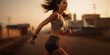 Close picture about a sporty style toned woman body who is jogging with smart watch and use other sport technology in sport top and short sunset or sunrise lights