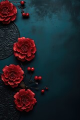 Wall Mural - Frame made of red flowers on dark blue background with copy space. Floral chinese New Year decoration  in vintage style. Greeting card template for Wedding, Valentine, Mother's or Women's day