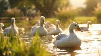 Wall Mural - The tranquil beauty of a farm pond is enhanced by the graceful movements of a flock of ducks and geese, as they enjoy a leisurely swim.