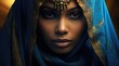 close-up portrait of a beautiful african american woman with blue eyes and black skin with eastern makeup dressed in veil and elegant clothes blue big earrings and jewelry on the black background