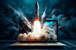 a rocket launching out of a laptop screen. Generative AI