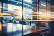 out of focus shot of Beautiful blurred background of a light modern office interior with panoramic windows and beautiful lighting
