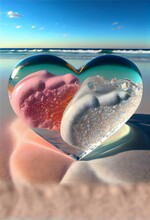 The White Beach Is Full Of Beautiful And Sparkling And Two Crystal-clear Love Heart Colorful Stones Like Glass. The Beach Has High-definition Image Quality. Very Beautiful Shiny Stones Are Pink , B