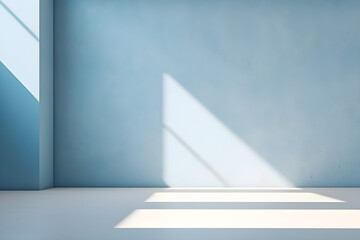 Wall Mural - Minimal abstract light blue background for product presentation. Shadow and light from windows on plaster wall