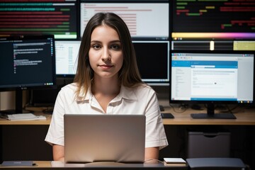 a nerdy programmer at an office with a lot of computers working on web development