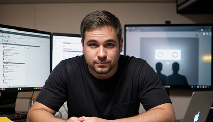 a nerdy programmer at an office with a lot of computers working on web development