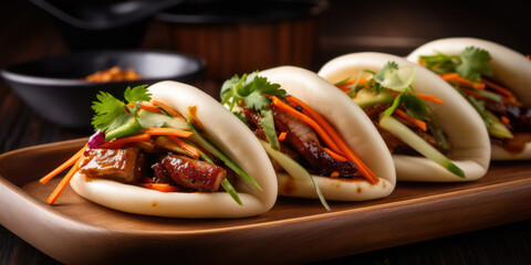 Wall Mural - Delicious Asian Bun: Crusty Baguette Sandwich with Smoked Duck, Pork, and Fresh Vegetables on Wooden Plate.