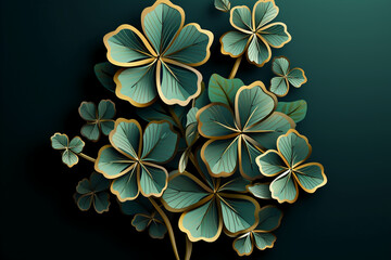 shamrock leaf decoration with gold leaves vector illustration, in the style of dark green and light aquamarine, patrick brown, dynamic still lifes, matte background, isometric, eye-catching detail, li