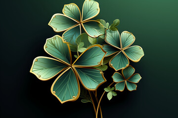 shamrock leaf decoration with gold leaves vector illustration, in the style of dark green and light aquamarine, patrick brown, dynamic still lifes, matte background, isometric, eye-catching detail, li