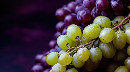 Wall Mural - Close-up of fresh green and purple grapes with water droplets