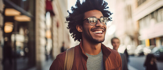 A happy young African American man with a wide smile, casually walking around the city and spreading positivity.