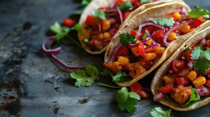 Canvas Print - Soft tacos with chicken and fresh vegetables on a dark surface