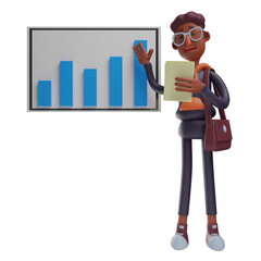 Wall Mural -   3D illustration. 3D Student Cartoon Character explaining table chart. holding a book in hand. showing an explanatory pose. 3D Cartoon Character