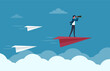 © Diki - Business leadership concept. Confident businessman forecasting strategy solution with spyglass flying on paper planes. teamwork, growth and progress to be success
