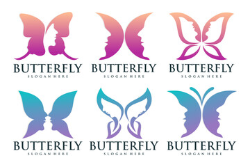 Wall Mural - beauty icon set logo design .Woman face in butterfly wings shape. Vector illustration