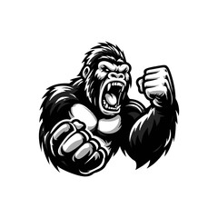 vector logo of a raging gorilla doing a fist punch. professional logo of a mad kong. black and white