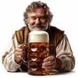 Satisfied bearded man with a giant beer mug drawing on white background