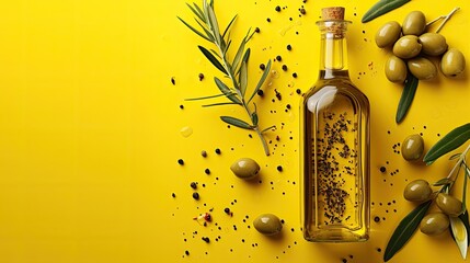 Olive oil and olives with bottle of oil on yellow background