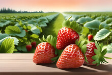 Pile Of Strawberries On Table With Strawberry Field Background