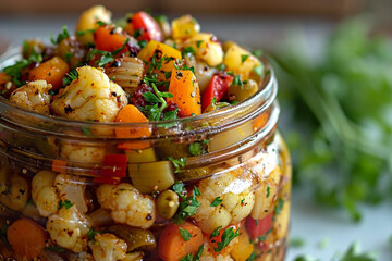 A jar of crisp and colorful giardiniera, featuring an assortment of pickled cauliflower, carrots, and bell peppers, presented against a clean and unobtrusive background.