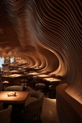 Wall Mural - A modern cocktail bar with wooden walls and tables. Generative AI.