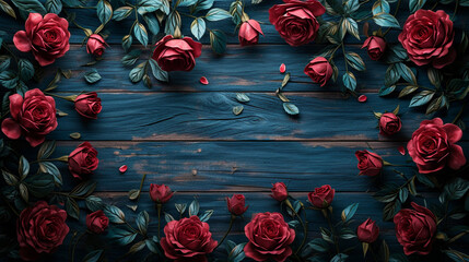 Poster - roses on wooden background