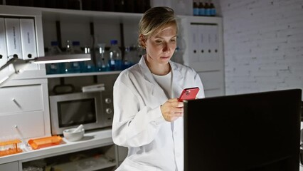 Poster - A focused woman scientist using a smartphone in a modern laboratory setting.