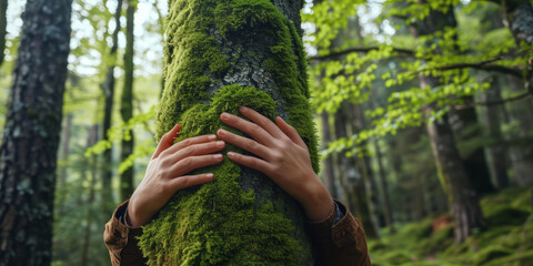 Wall Mural - Hands hugginf big tree with green moss in forest. People protect pollution and climate change, Nature protection, Environmental conservation